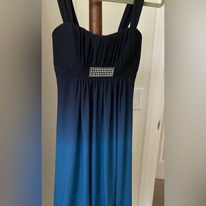 Size two cocktail or formal dress graded blue with rhinestones front buckle.